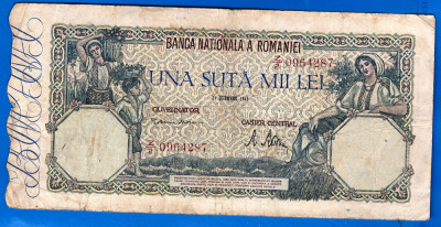 (26) BANCNOTA ROMANIA - 100.000 LEI 1946 (21 OCTOMBRIE 1946), FILIGRAN ORIZONTAL foto