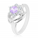 Inel lucios de culoare argintie, floare din zirconiu violet şi zirconiu transparent, arcade - Marime inel: 51