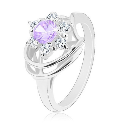 Inel lucios de culoare argintie, floare din zirconiu violet şi zirconiu transparent, arcade - Marime inel: 51 foto