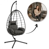 Leagan tip cuib, fotoliu balansoar suspendat, maxim 130 kg, cocoon negru si perne gri, JollyMag, KR37GRAF