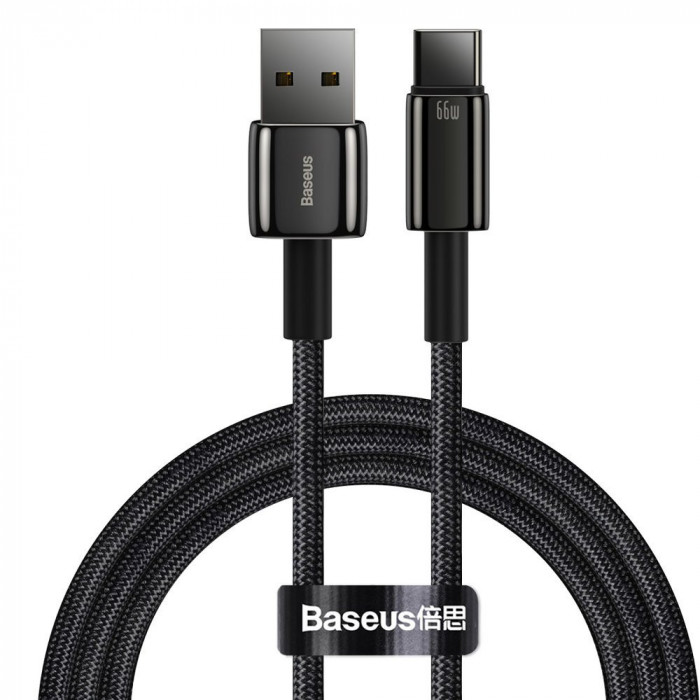 Baseus Tungsten USB - Cablu USB Tip C 66 W (11 V / 6 A) &Icirc;ncărcare Rapidă AFC FCP SCP 1 M Negru (CATWJ-B01)