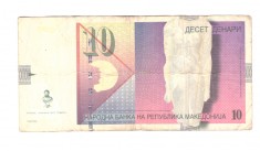 Bancnota Macedonia 10 denari 2007, circulata, stare relativ buna
