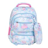 Ghiozdan cu 3 compartimente si penar inclus, Mesco, Inimioare, Bleu