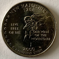 AMERICA QUARTER 1/4 DOLLAR 2000 LITERA D. (Bătrânul Muntelui - New Hampshire),BU