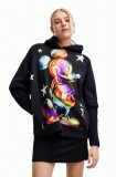 Desigual hanorac de bumbac x Disney femei, culoarea negru, cu glugă, cu imprimeu