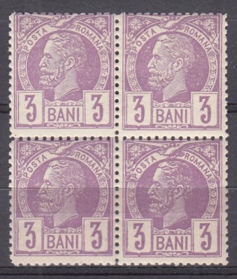 ROMANIA 1885/1888 LP 43 c REGELE CAROL I VULTURI HARTIE COLORATA VALOAREA 3 BANI VIOLET BLOC DE 4 TIMBRE STARE MNH foto