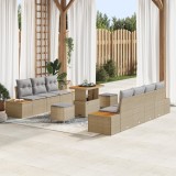 Set 10 piese canapele grădină cu pernuțe bej poli ratan acacia, Canapea grădină 2 locuri cu depozitare și pernuțe bej poli ratan, Set dining grădină 3, vidaXL