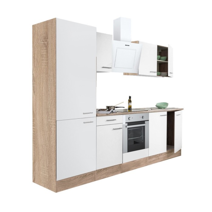 Mobilă de bucătărie Yorki 270, corp din stejar sonoma, față alb satinat, element inferior cuptor, dulap raft