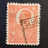 Rom&acirc;nia Regat - Regele Ferdinand I - Timbru 50 Bani Oranj/Portocaliu cu Ștampilă Casetată Istorică "SIBIU" (1919-1920) RO2