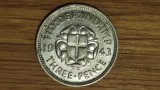 Anglia Marea Britanie -raritate uz colonial- 3 pence 1943 argint -pt cunoscatori, Europa