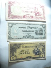 3 Bancnote Ocupatia Japoneza 1942 in Myanmar :5 si 10 rupii si in Filipine 10pes foto