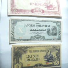 3 Bancnote Ocupatia Japoneza 1942 in Myanmar :5 si 10 rupii si in Filipine 10pes