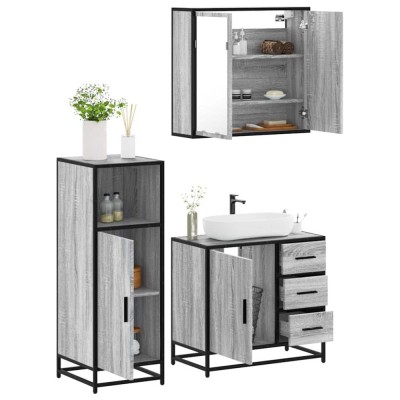 Set mobilier de baie, 3 piese, gri sonoma, lemn prelucrat foto