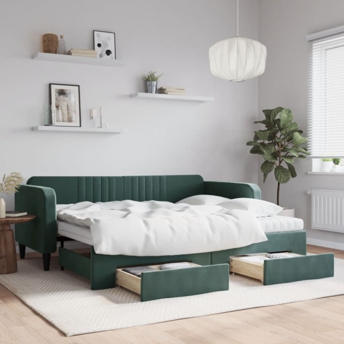 vidaXL Pat de zi cu extensie și sertare verde &icirc;nchis 90x200 cm catifea 3197137