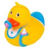 Rățușcă Bebe Plastic, Model Cu Suzeta și Biberon, Galben, 10x7x9 cm