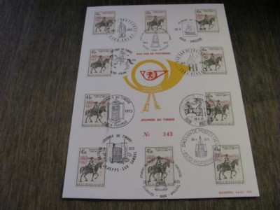 10 Timbre Obliterate 4F50 Călăreț Poștal, Ștampile Speciale din 10 Orașe, Ediție Limitată Ziua Timbrului Belgia 1973 foto