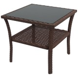 Outsunny Masă auxiliară din rășină &icirc;mpletită cu 2 nivele 50x50x45cm, masă de cafea pentru grădină pătrată cu blat de sticlă securizat, maro | Aosom Ro