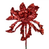 Ramura Decorativa Craciun, Flori Glitter, 16cm, Culoare Rosu