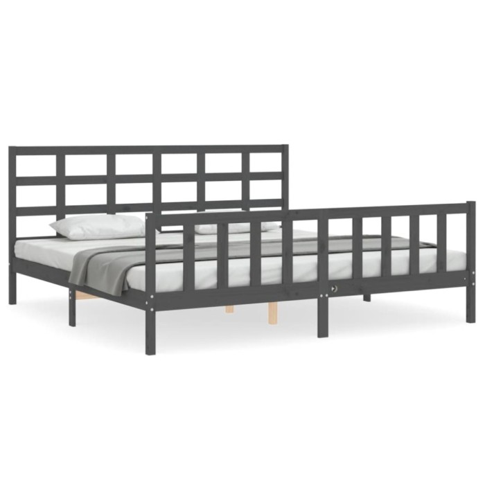 Cadru pat cu tablie 200x200 cm, gri, lemn masiv