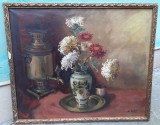 Tablou mare si vechi - natura statica cu samovar - semnat E Muller, Ulei, Realism