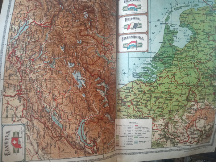 Harta interbelica Elveția, Olanda, Belgia, Luxemburg Atlas Teodorescu ed. 1928