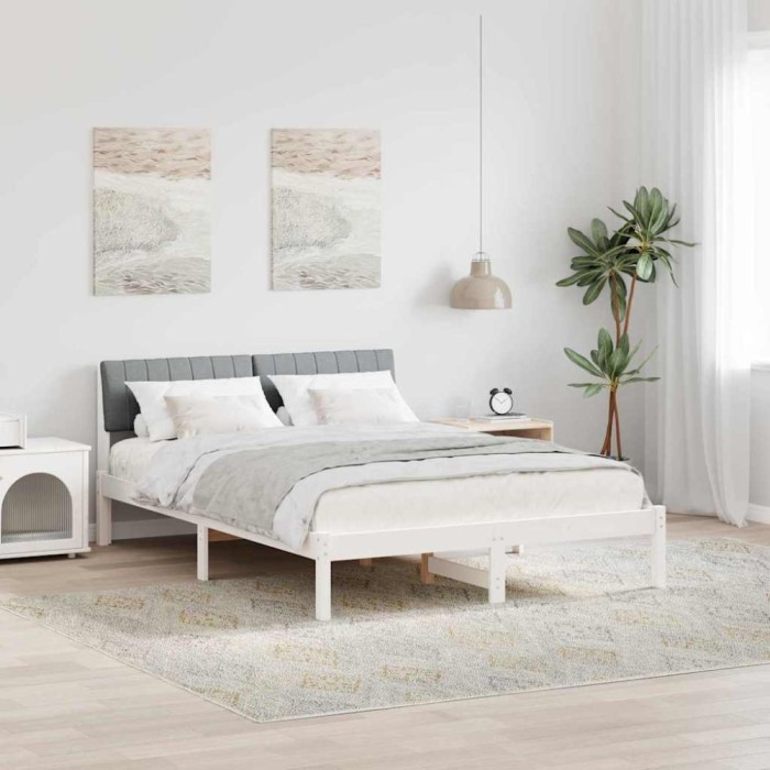 vidaXL Cadru de pat Alb și gri deschis 140 x 190 cm Lemn masiv de pin 878688
