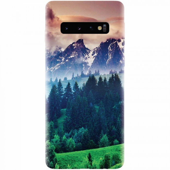 Husa silicon pentru Samsung Galaxy S10 Plus, Forest Hills Snowy Mountains And Sunset Clouds