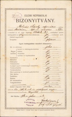 A1839 Certificat școlar, 1908, Mezotur, Ungaria foto