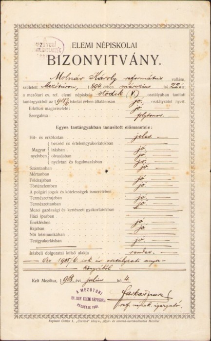 A1839 Certificat școlar, 1908, Mezotur, Ungaria
