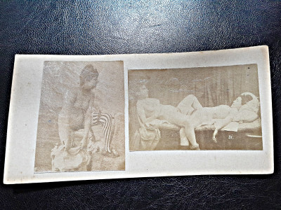 2 fotografii vechi, cca 1900, cu tema erotica, lipite pe carton foto