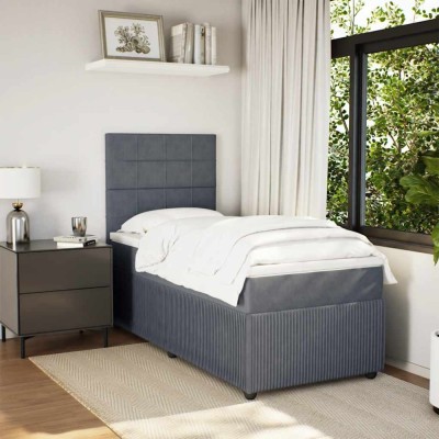 vidaXL Pat box spring cu saltea, gri &amp;icirc;nchis, 90x190 cm, catifea 3294515 foto
