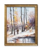 Cumpara ieftin Tablou peisaj de iarna cu vanator pictat manual inramat, 55x45cm ulei pe panza, rama din lemn, Geo Ungureanu