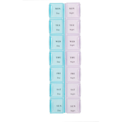 Cutie organizator Pufo pentru medicamente, vitamine sau suplimente pe saptamana cu doua compartimente pe zi, mov-roz/albastru foto