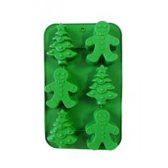 Forma silicon pentru prajituri, Tema Craciun, Brad, Om de turta dulce, 6 cavitati, Verde, 25 cm, 484COF