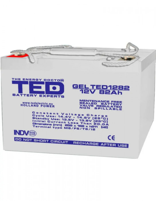 Acumulator 12V, TED Electric, GEL Deep Cycle Solar, Dimensiuni 259 x 168 x 211 mm, Baterie 12V 82Ah M6