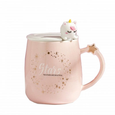 Cana cu capac din ceramica si lingurita Pufo Beautiful Stars pentru cafea sau ceai, 450 ml, roz foto