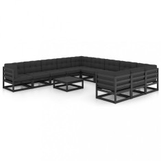 vidaXL Set mobilier de grădină cu perne12 piese, negru, lemn masiv pin 3077073