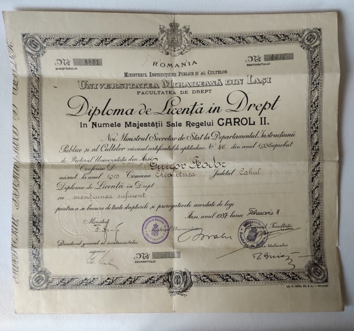 Diploma de licență &icirc;n drept, Iași, 1937