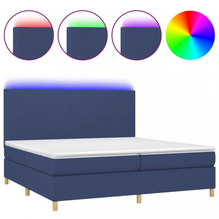 Pat cu arcuri, saltea si LED, albastru, 200x200 cm, textil
