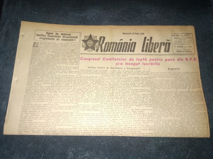 ZIARUL ROMANIA LIBERA 10 SEPTEMBRIE 1950