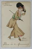 LA RETROUSSIS DE LA BRUXELLOISE , GRAVURA COLORATA MANUAL , SEMNATA , CARTE POSTALA , INCEPUT DE SEC. XX