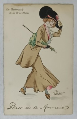 LA RETROUSSIS DE LA BRUXELLOISE , GRAVURA COLORATA MANUAL , SEMNATA , CARTE POSTALA , INCEPUT DE SEC. XX foto