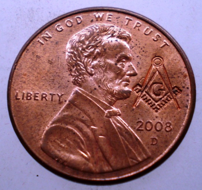 F.195 USA SUA 1 LINCOLN CENT 2008 D XF/AUNC MASONIC MASON MASONERIE CONTRAMARCA