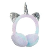 Aparatoare de urechi pentru copii, cu blana artificiala, design Unicorn, Lila si Bleu cu Accente Glitter Argintiu, Marime Unica, CMCLASS