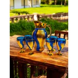 Set carafă albastră și 6 pahare din sticlă