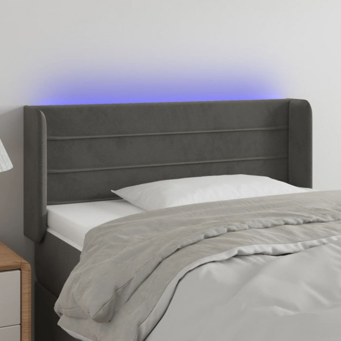 vidaXL Tăblie de pat cu LED, gri &icirc;nchis, 103x16x78/88 cm, catifea