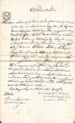 A3736N Contract de v&amp;acirc;nzare-cumpărare, 1857, T&amp;acirc;rgu Lăpuș, limba maghiară, timbru fiscal de 15 creițari foto