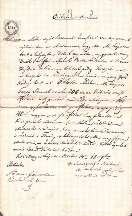 A3736N Contract de v&acirc;nzare-cumpărare, 1857, T&acirc;rgu Lăpuș, limba maghiară, timbru fiscal de 15 creițari