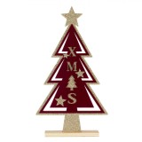 Decorațiune Crăciun Lemn, Model Brad, Culoare Roșu Catifelat, Detalii Aurii Glitter, Mesaj Xmas, 27 cm, Oem