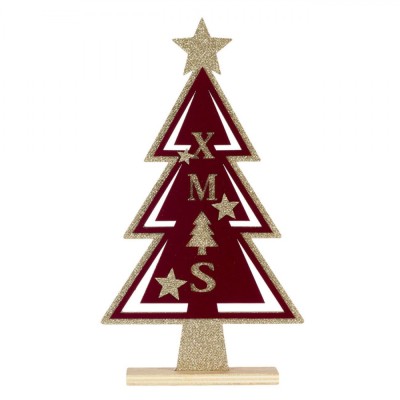 Decorațiune Crăciun Lemn, Model Brad, Culoare Roșu Catifelat, Detalii Aurii Glitter, Mesaj Xmas, 27 cm foto